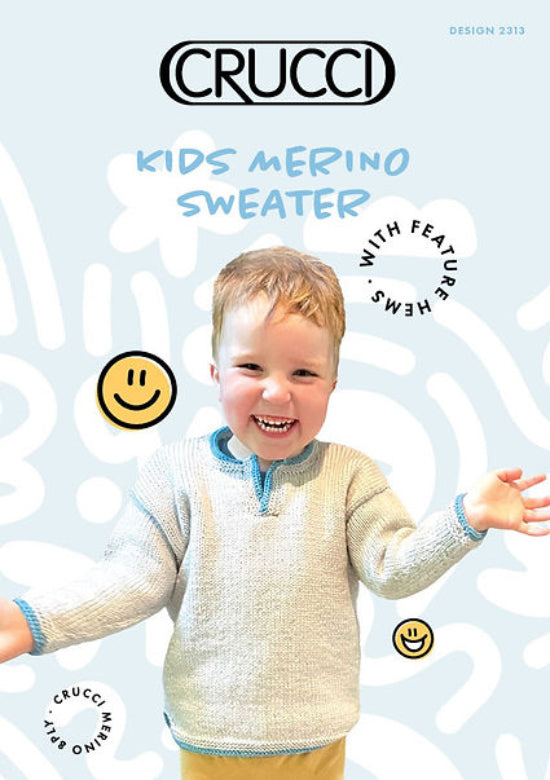 A child wearing a beige knitted pullover with a V-neck collar.