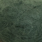 Close-up of dark green yarn with a fluffy mohair texture