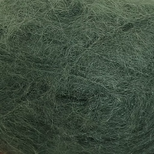 Close-up of dark green yarn with a fluffy mohair texture