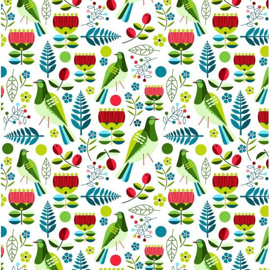 Early Birds - Kereru, Pohutukawa and Ferns on a white background