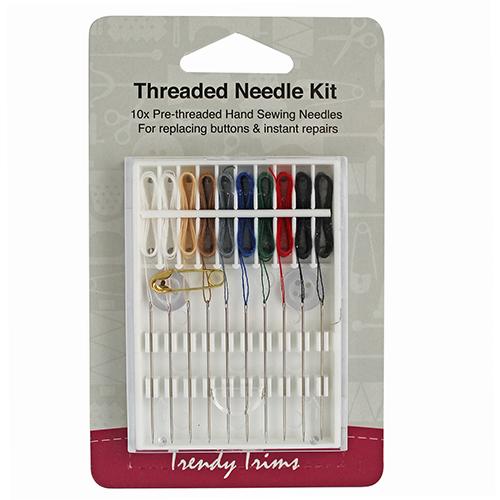 Threaded needle kit with various colored needles on a Trendy Trims branded package.