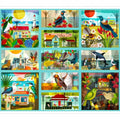 A collection of vibrant and colorful illustrations showcasing various New Zealand birds, landscapes, and wildlife, printed on fabric panels.