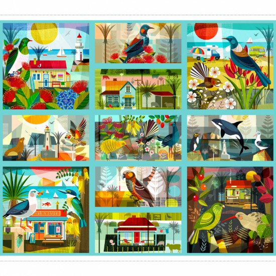 A collection of vibrant and colorful illustrations showcasing various New Zealand birds, landscapes, and wildlife, printed on fabric panels.
