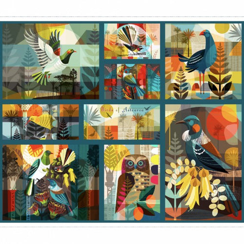 Quilt Fabric with Collage of colorful New Zealand bird illustrations in a geometric pattern