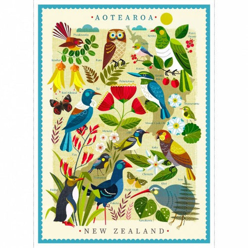 Illustrated map of New Zealand featuring various birds, flowers, and plants with text labels.