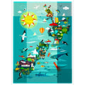 Colorful illustration of a map with various New Zealand elements like animals, buildings, and nature.