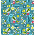 Quilt Fabric with New Zealand birds, flowers, and leaves on a bright blue background.