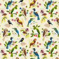 Quilt Fabric of colorful  New Zealand birds and leaves on a cream background. Includes the names of the various birds and plants in script.