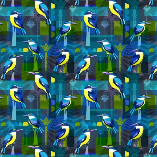 Colorful New Zealand Quilt Fabric of local blue and yellow Kotare Kingfisher birds on a navy background.
