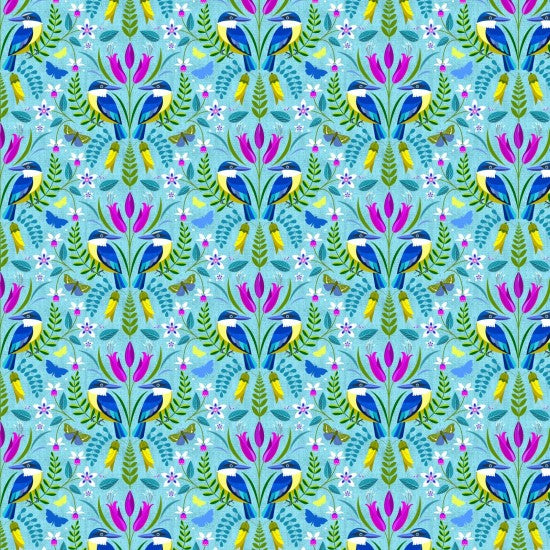 Colorful New Zealand Quilt Fabric with Kotare Kingfisher and floral design on a turquoise background.