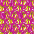 A Quilt fabric featuring a repeated design of native New Zealand Kowhai flowers on a bright fuschia background.