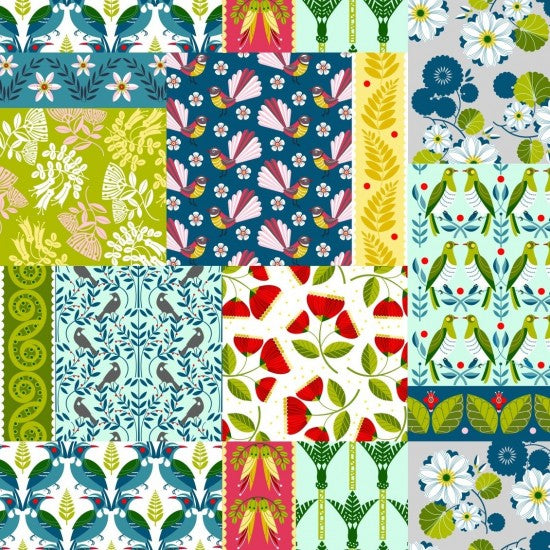 A design of patches with various New Zealand native plant and flower designs.