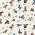 Quilt Fabric with steampunk-style birds and gears on a white background.
