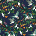 Quilt Fabric with New Zealand birds on navy background in the trees and kowhai blossoms on a navy background