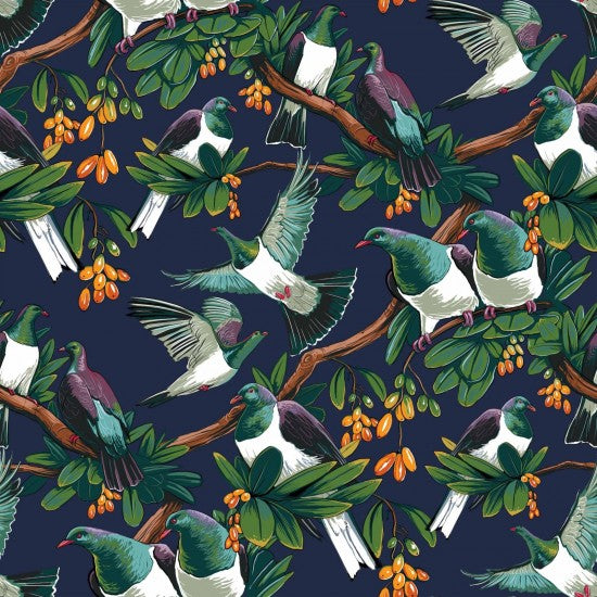 Quilt Fabric with New Zealand birds on navy background in the trees and kowhai blossoms on a navy background