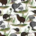 Quilt Fabric with New Zealand kiwi birds on the forest floor with ferns on a white background