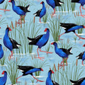 Quilt Fabric with New Zealand native Pukekeo birds in the wetlands on blue background