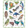A panel of fabric featuring a graphic print of various native birds of New Zealand on a white background.