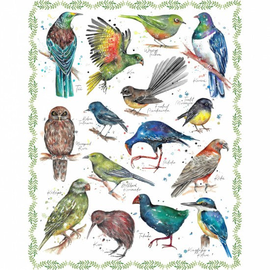 A panel of fabric featuring a graphic print of various native birds of New Zealand on a white background.