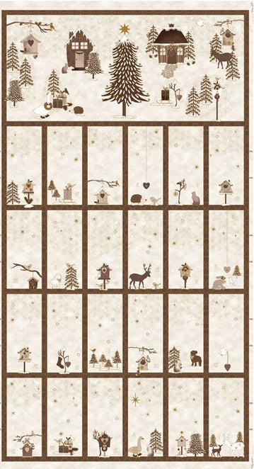 A printed cotton fabric panel with a Christmas motif, featuring snowflakes, trees, and decorative elements on a cream background with gold overlay.