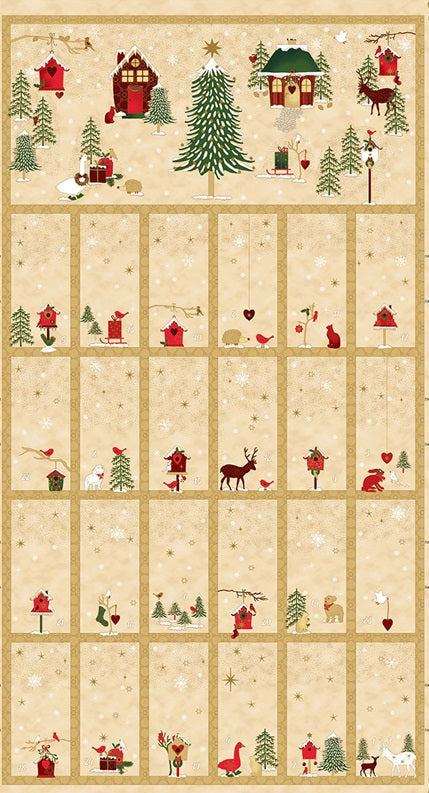 A pre-printed fabric panel featuring Christmas motifs including Santa Claus, reindeer, trees, and houses on a gold background with metallic accents.