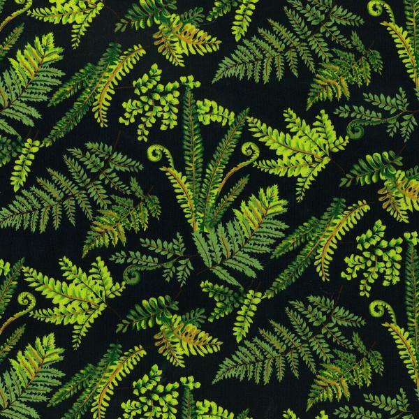 Pattern of green fern leaves on a navy background