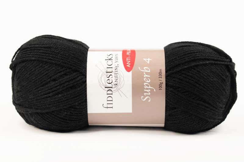 Ball of Fiddlesticks Black 4-ply yarn with a label on a white background