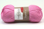 Ball of Fiddlesticks Pink 4-ply yarn with a label on a white background