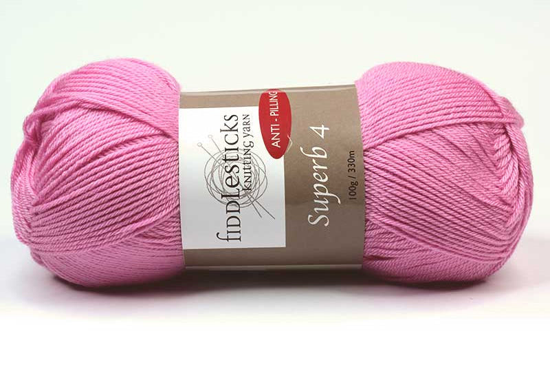 Ball of Fiddlesticks Pink 4-ply yarn with a label on a white background