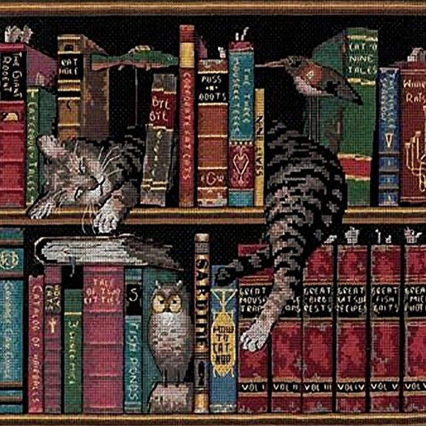 Decorative tapestry with cats and books on a black background