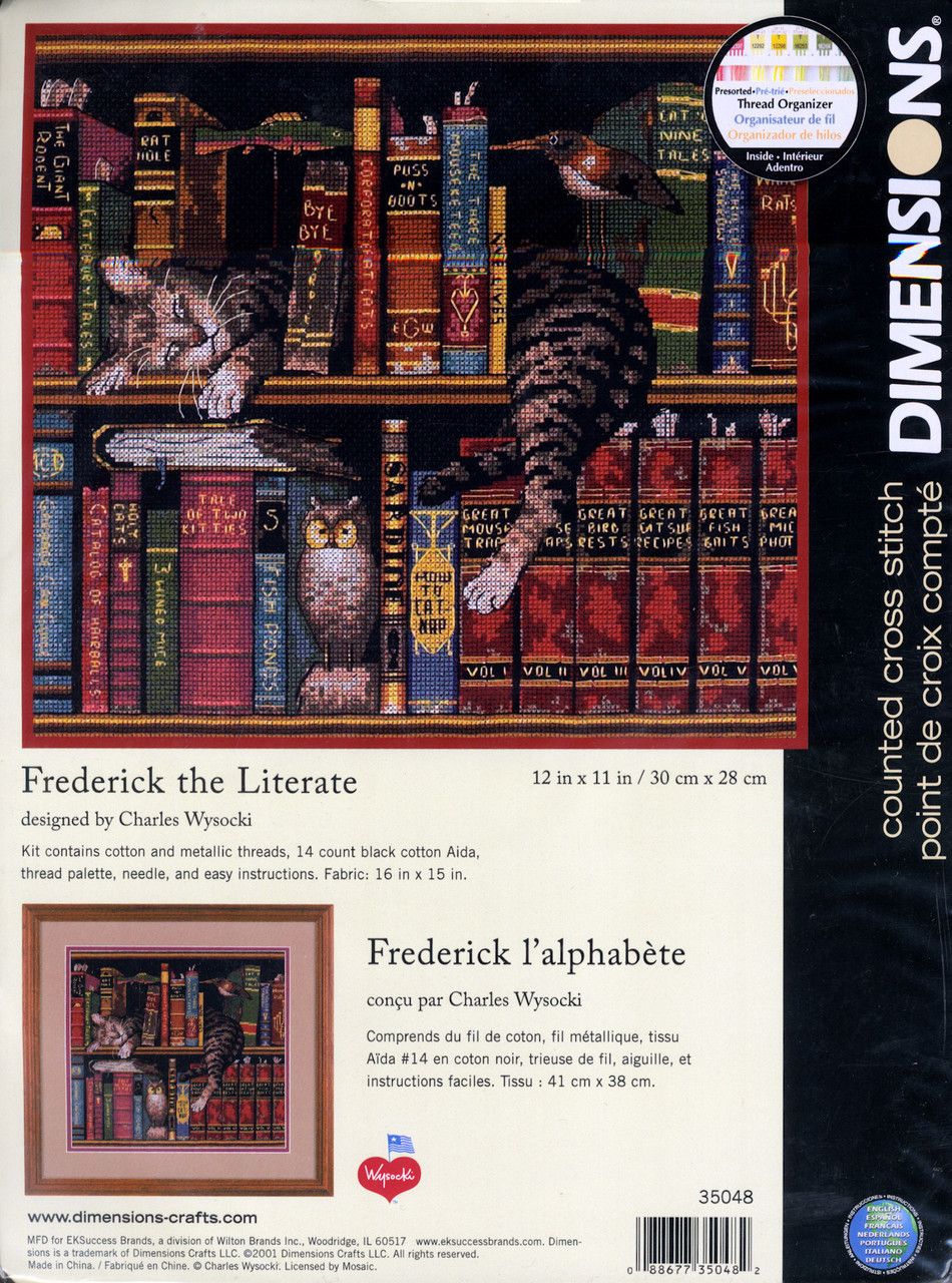 Package of a Dimensions Counted Cross Stitch Kit featuring an image of a cat among books, indicative of the kit's theme and complexity.