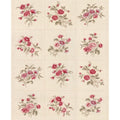 A panel of quilt fabric featuring a floral design with red and pink flowers on a beige background.