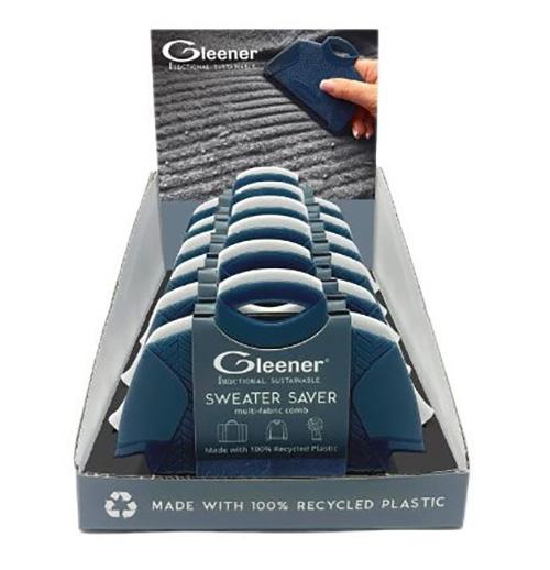 Display of Gleener sweater savers with packaging showing brand name and recycled plastic information.