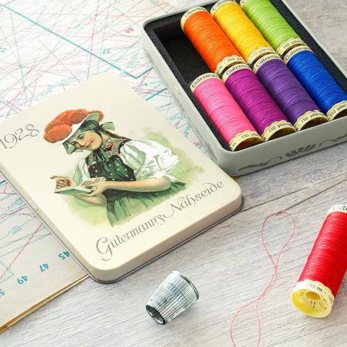 Gutermann Gift Tin - 8 Spools of Bright Thread in Nostalgic 1928 Storage Tin