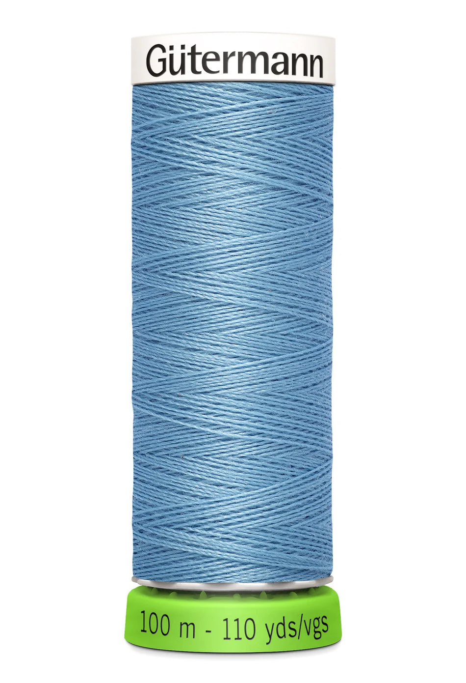 Spool of blue thread with 'Gütermann' branding on a white background