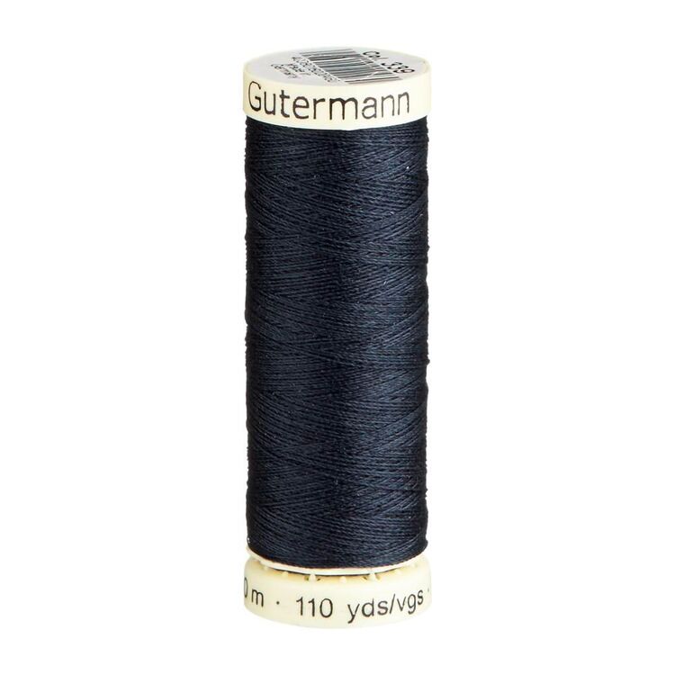 Spool of navy thread with 'Gutermann' branding on a white background