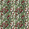 Quilt fabric with a pattern of New Zealand native flax with red flowers and green leaves on a 0ff-white background
