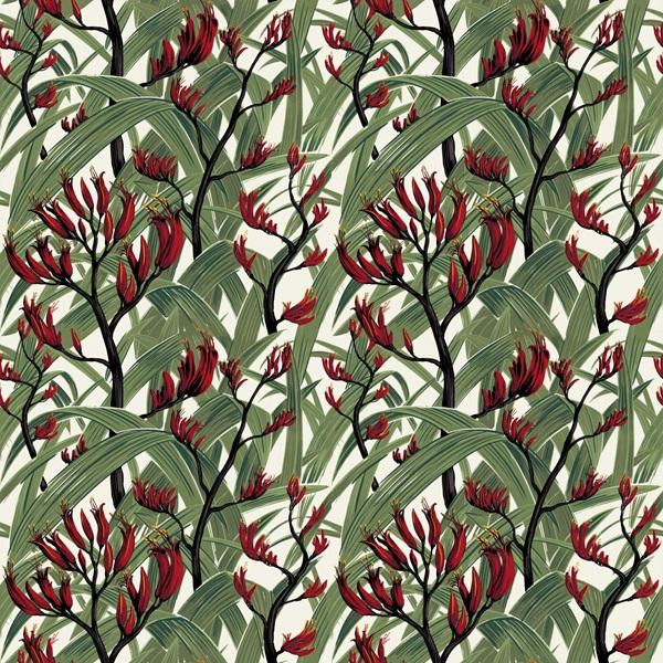 Quilt fabric with a pattern of New Zealand native flax with red flowers and green leaves on a 0ff-white background