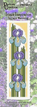Cross-stitch kit for 'Irises' by Lyn Manning with purple and green flowers on a white background.