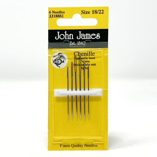 Pack of John James chenille needles with yellow packaging on a white background