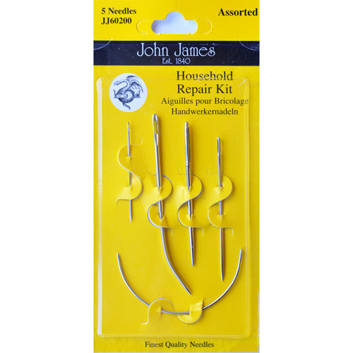 John James household repair kit with needles on a yellow background