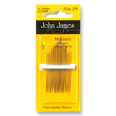 Pack of John James milliners needles on a yellow and black packaging