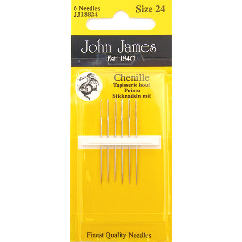 Pack of John James chenille needles with yellow packaging and visible brand name.