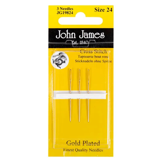 Pack of John James gold-plated cross stitch needles on a yellow card