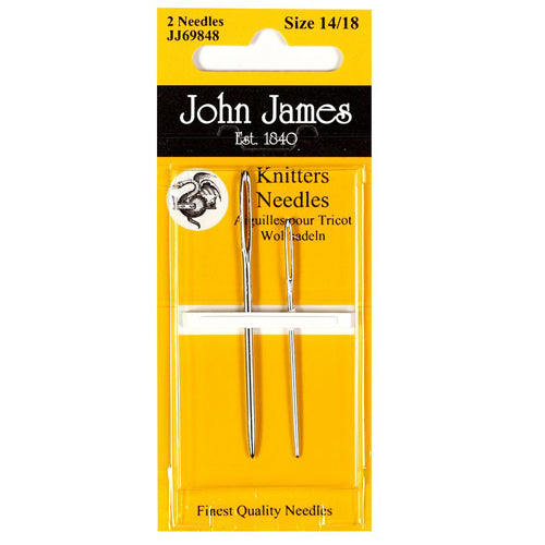 Pack of John James knitters needles for sewing-up, in yellow packaging
