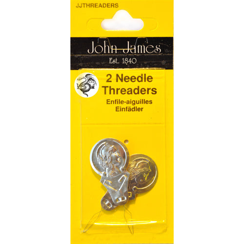 John James needle threaders packaging with two metal threaders on a yellow background
