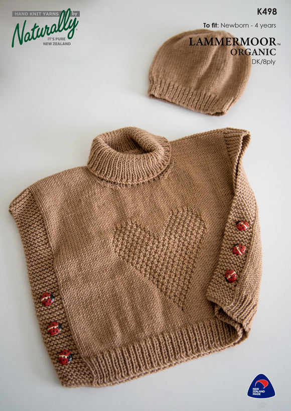 Naturally Knitting Pattern K498 - Poncho & Hat in 8-ply / DK for ages Newborn to 4 Years