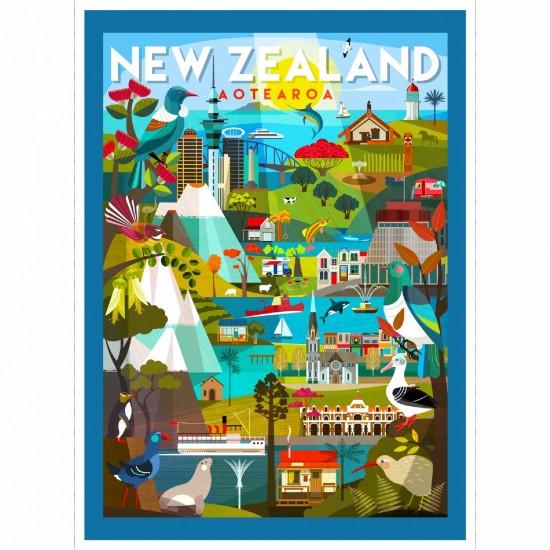 Printed quilt fabric panel of New Zealand with various scenes and landmarks.
