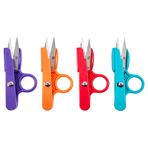 Four pairs of colorful thread snips on a white background