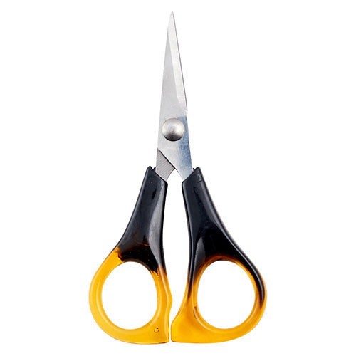 Close up of Klasse Embroidery scissors with faux tortoise shell handles on a white background